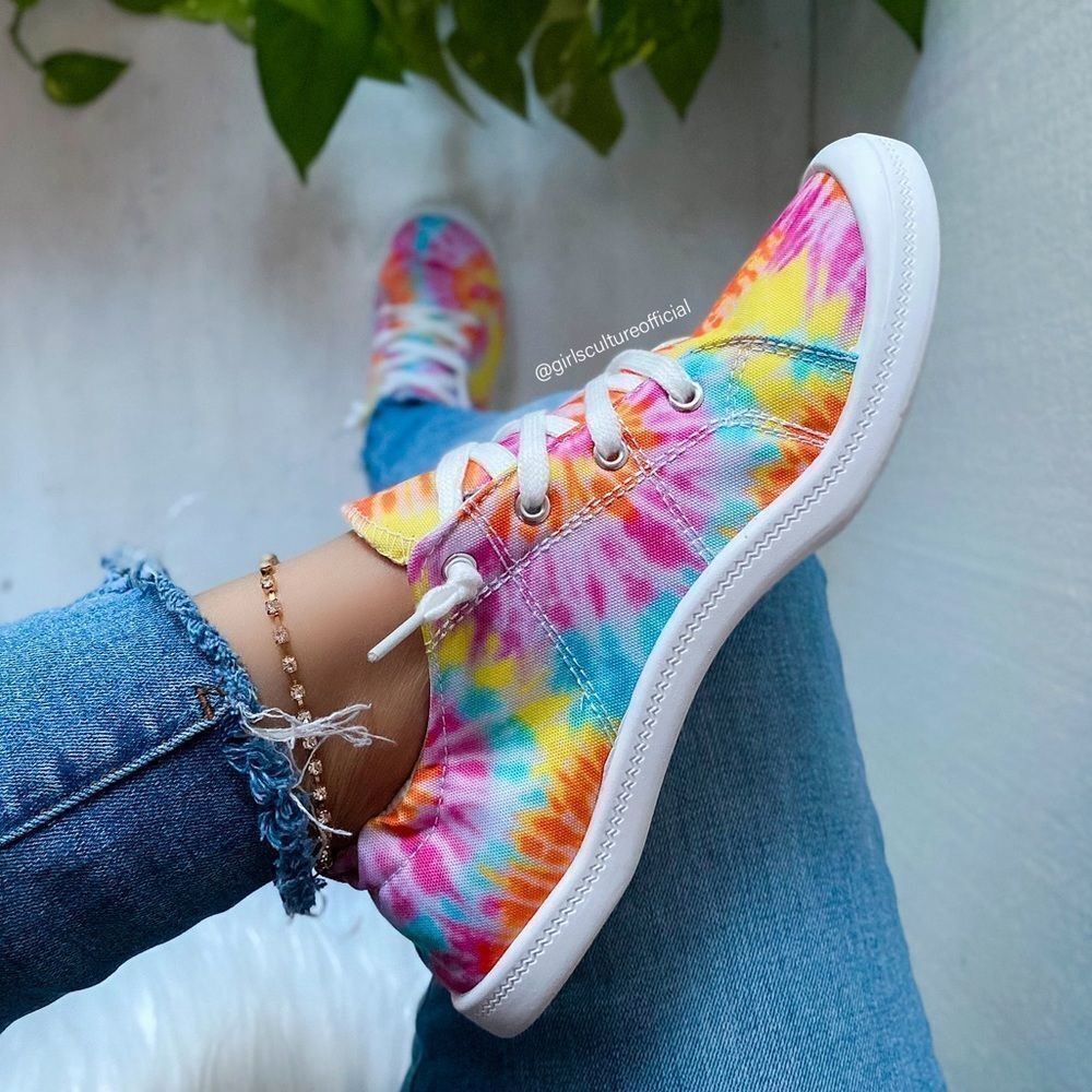 Tie Dye Flat Lace Sneakers Tennis - Picture 2 of 5